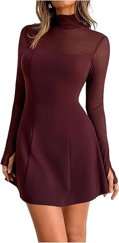 GORGLITTER Women's Mesh Mock Neck A Line Mini Dress Long Sleeve Spring Cocktail 