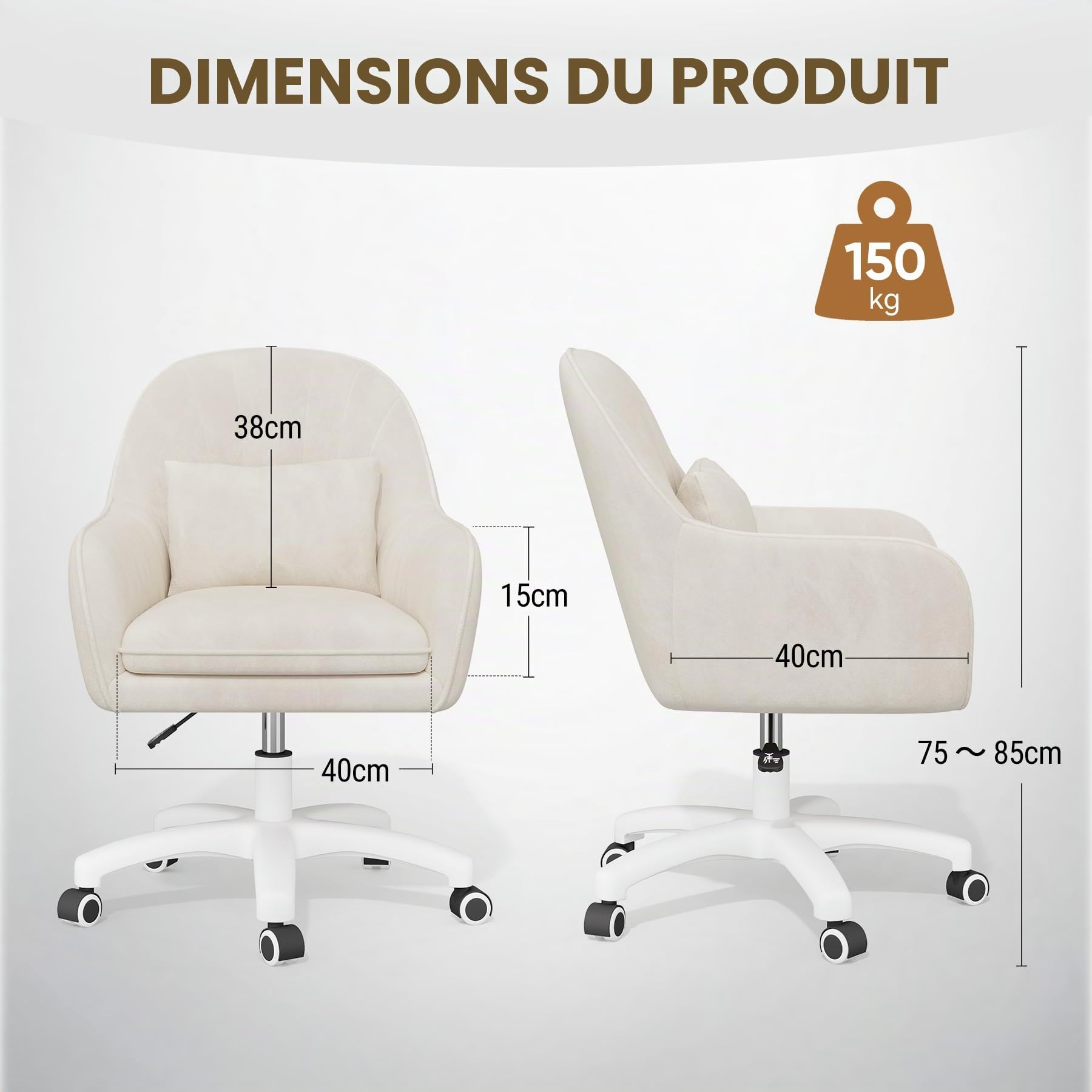 Homeoffice Chaise en Velours avec Oreiller, pivotante à 360 °, Hauteur réglable, Ergonomique, Chaise de Maquillage, pour Bureau, Chambre à Coucher, Charge maximale 200 kg, Beige