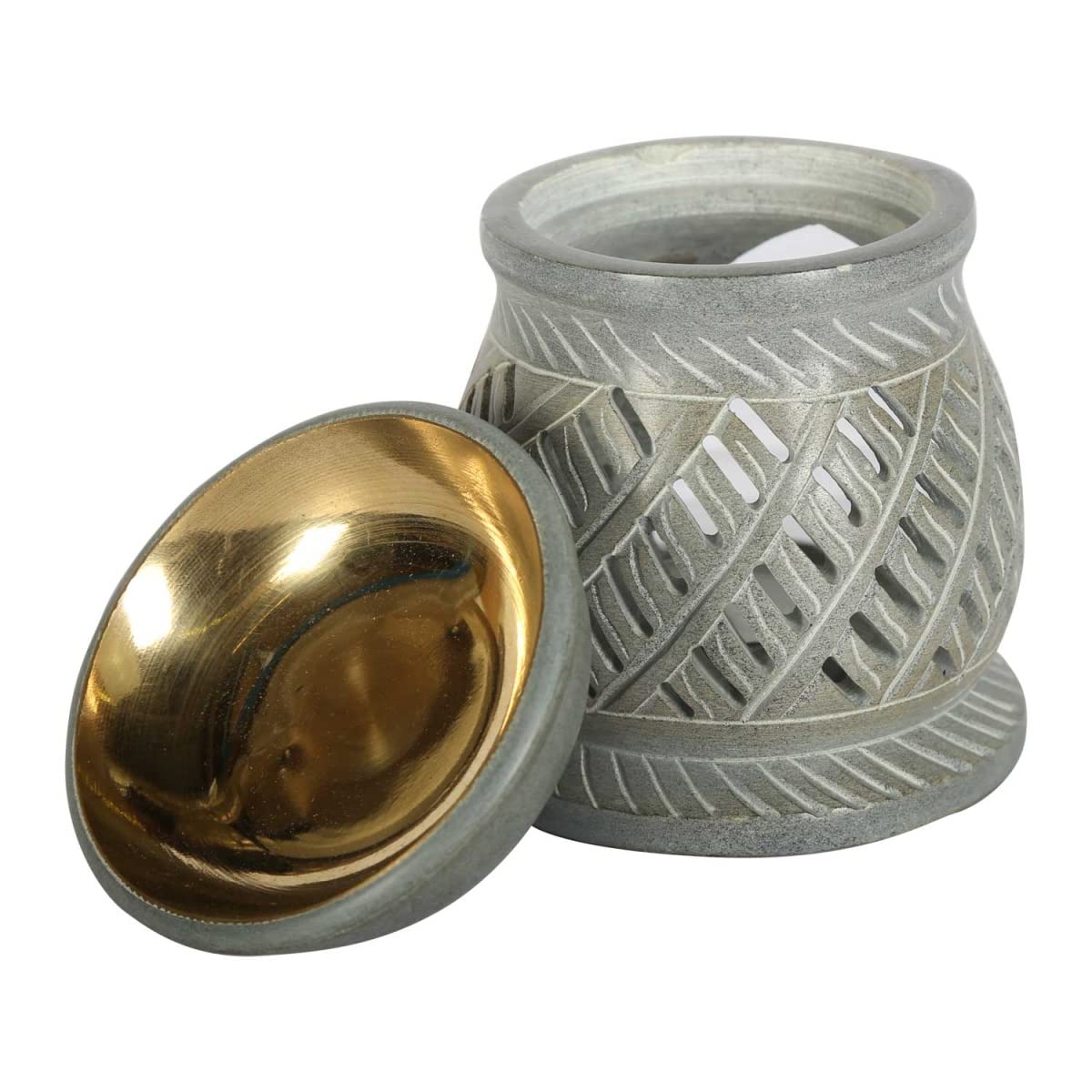 NAMASTE SL10 - Lámpara aromática oriental de piedra natural tallada 10 x 10 x 11 cm (B/T/H) con carcasa de metal, difusor de aceite esencial, soporte para velas de té para aromaterapia, lámpara