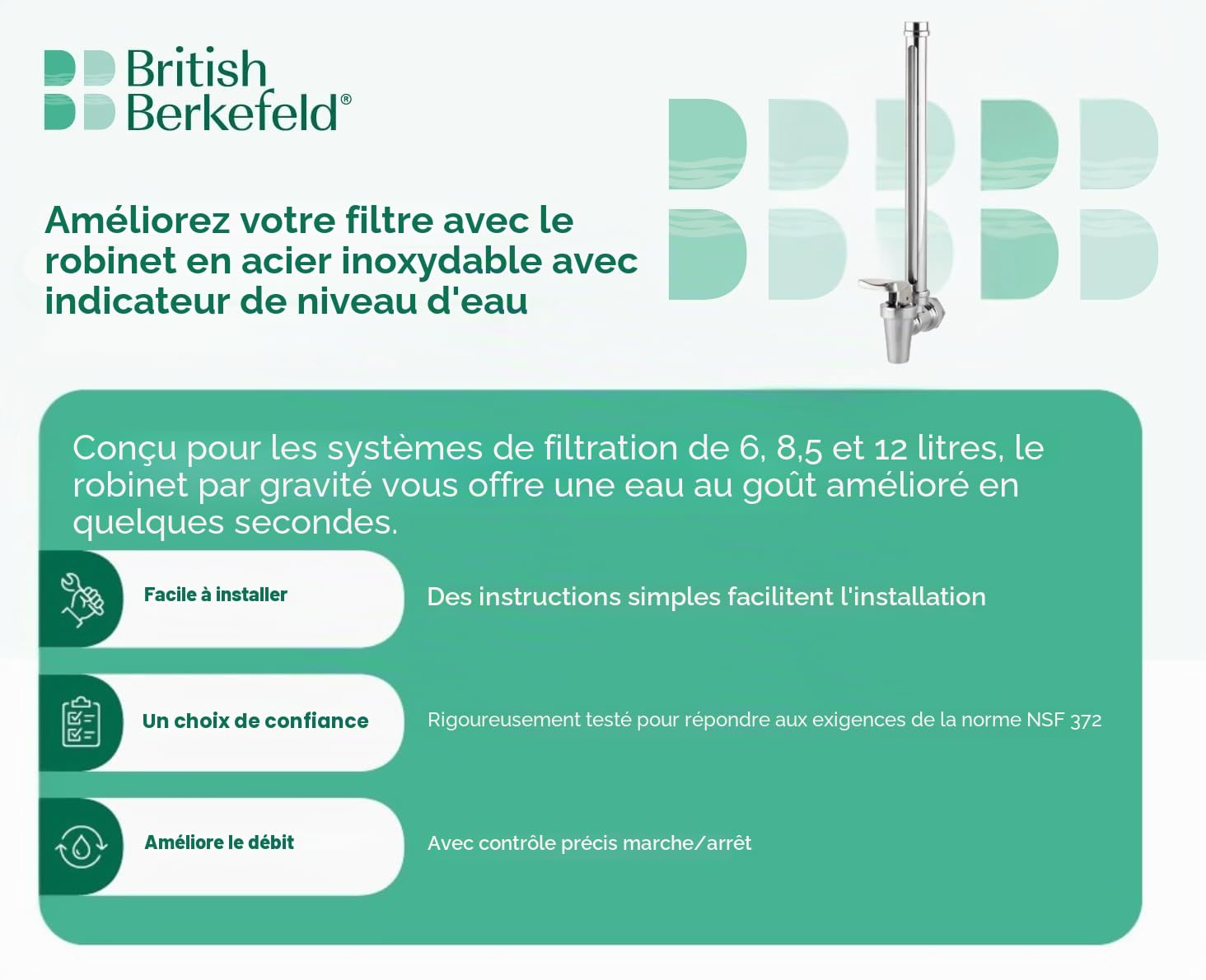 British Berkefeld Robinet À Bec En Acier Inoxydable Avec Jauge De Niveau D'eau Compatible 6-12 Litres
