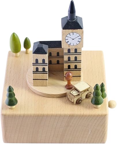 Miniatura 2 de Bonita caja musical de madera hecha de calidad con el Big Ben de Londres con coche magnético pequeño y móvil  Reproduce la canción "Castle in The