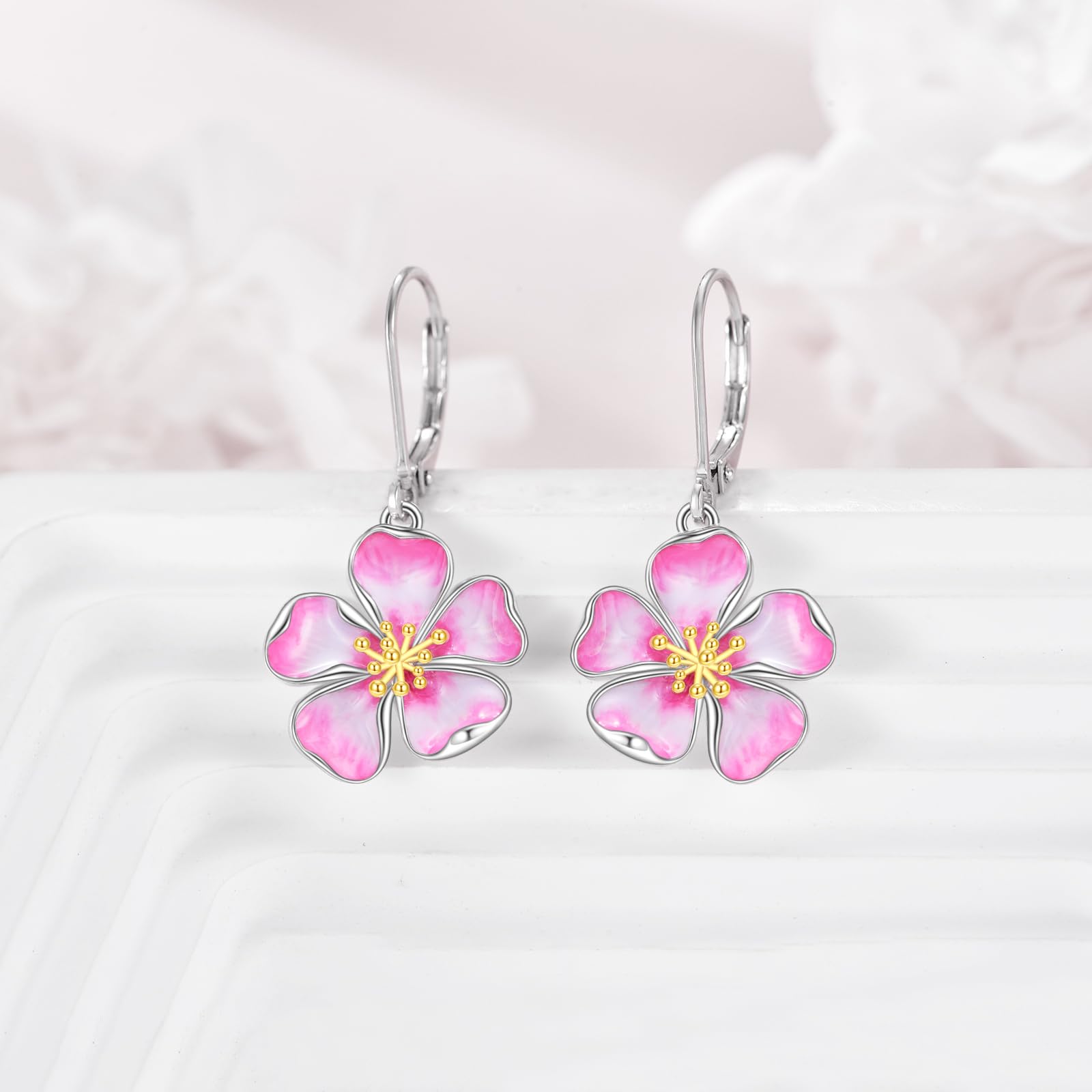 AXELUNA Pendientes de flor de cerezo para mujer, plata de ley, esmalte rosa, flor de cerezo, aretes colgantes de joyería para madre y esposa, Normal, Plata de ley, Sin piedra preciosa