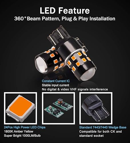 Miniatura 3 de Paquete de 4 bombillas LED superbrillantes 7443 7440 992 T20 7444NA amarillo ámbar 9-30V sin polaridad 24-SMD chipsets LED con proyector para luces