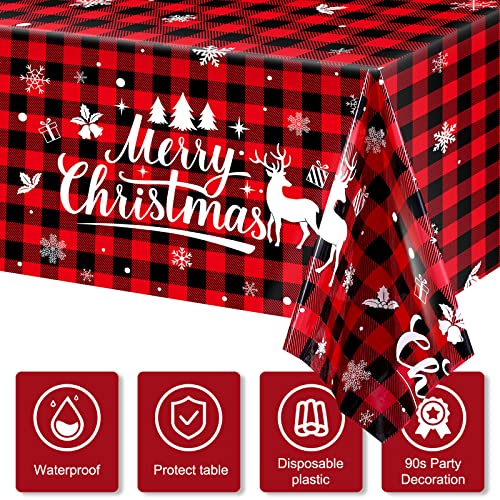 Irenare 3 Pcs Christmas Tablecloth Red and Black Buffalo Plaid Table Cover Merry Christmas Plastic Disposable Snowflake Elk Gingham Table Cloth for Xmas Winter Holiday Party Supplies,54 x 108 Inch – Image 5