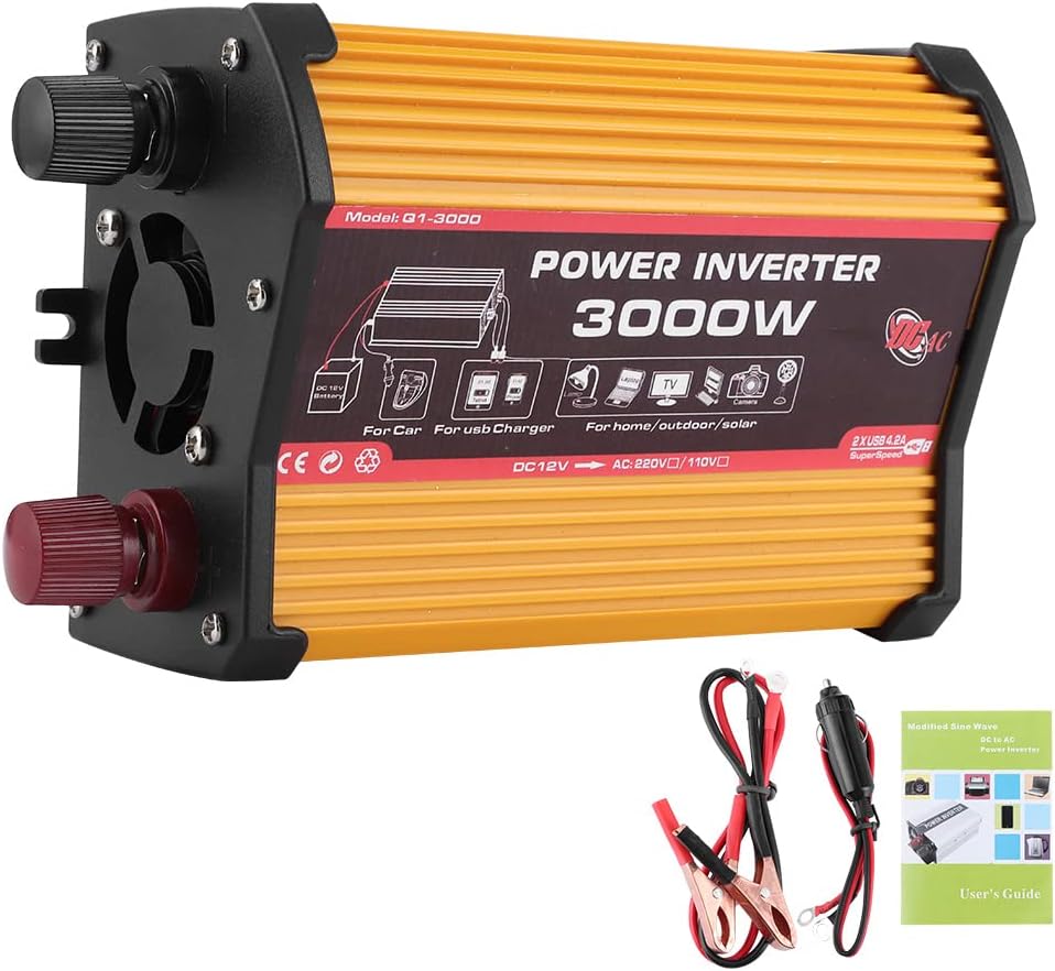 3000W Power Inverter Auto AC Converter Modified Sine Car Adapter Converter with Dual USB Port Outlet Fast Charging (12V to 110V)