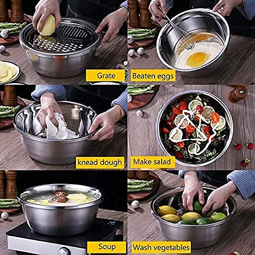 Akiba store Stainless Steel Mirror Finish 3-in-1 Multipurpose Drain Basket- Grater- Basin Bowl; Vegetable Slicer For Kitchen Cutting|for Fruits And Other Items|Outer Diameter- 26 Cm,Silver 4