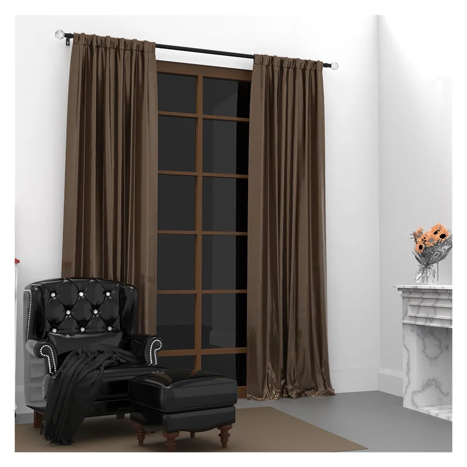 Tringles à Rideaux Noires épissées en Fer de 0.63 Pouces/tiges Romaines, tête décorative Style Cristal Transparent, Ensemble Supports Tringle Adapté aux familles(66 Inches-120 inches)