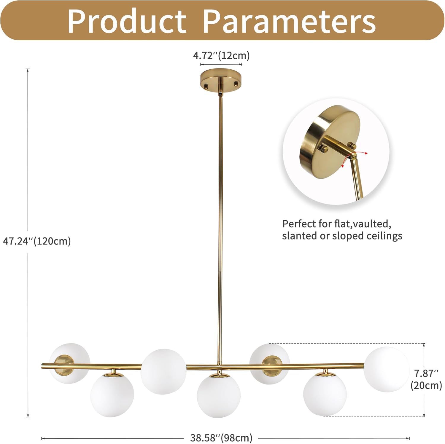 Brass Modern Linear Chandelier for Dining Room, 7-Light Adjustable Dimmable Ceiling Light Fixture with Glass Globes for Kitchen Island, Living Room, Bedroom, Foyer - Mid Century Modern Gold Lighting
