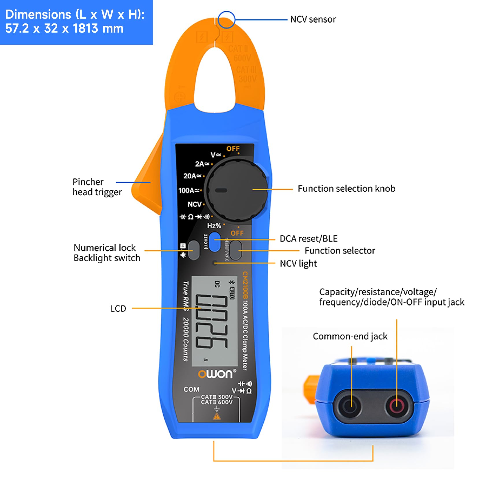 OWON CM2100B Pinza amperimétrica Bluetooth 20000 cuentas de mano True RMS 600V 100A AC/DC prueba de corriente y voltaje con protección de sobrecarga VFC, probador de capacitancia de resistencia, NCV