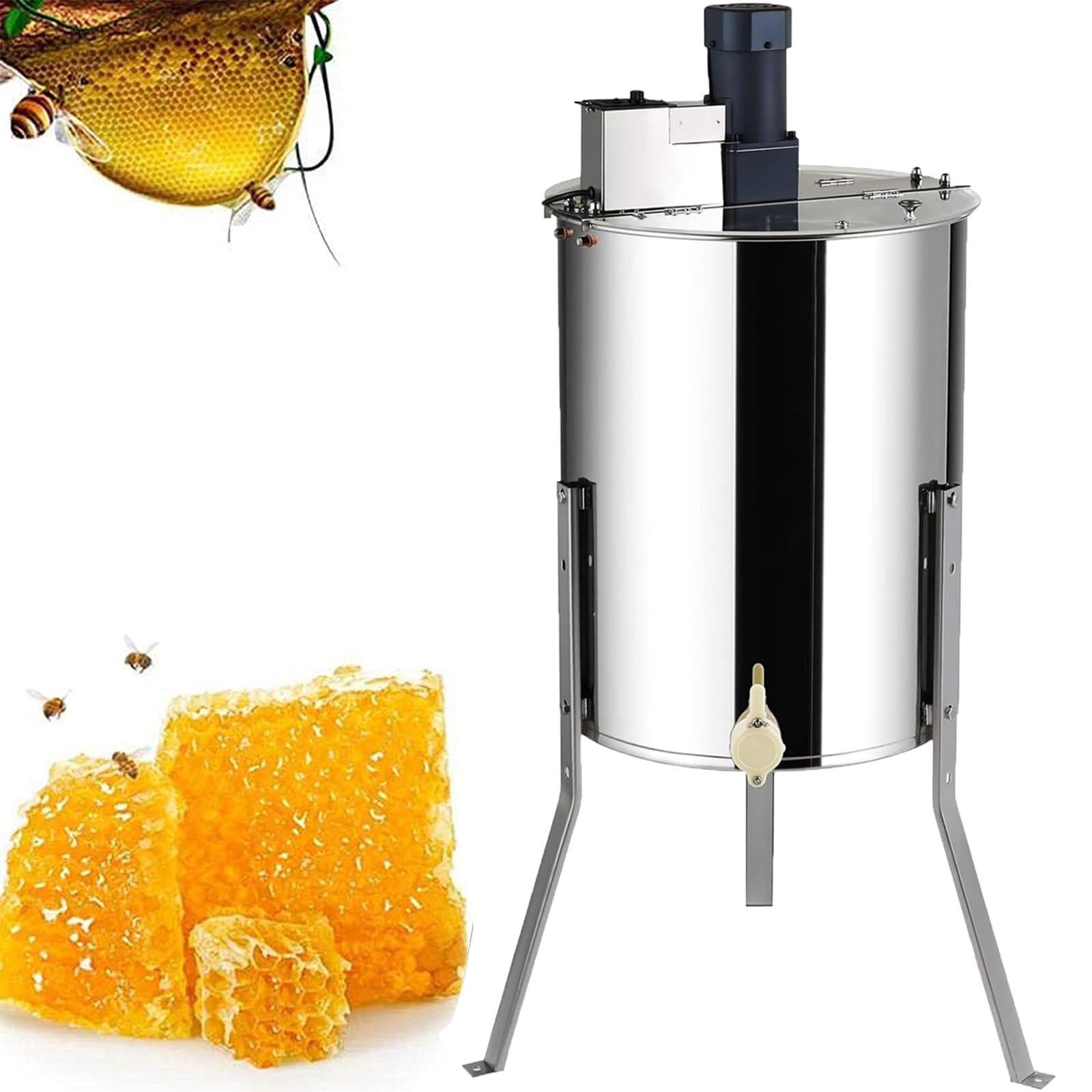 PtaTritious Electric Honey Extractor, Stainless Steel Spinner for Beekeeping, Height Adjustable Stand, Honeycomb Drum Centrifuge with Lid, Beekeeping Extraction Equipment 4Frames