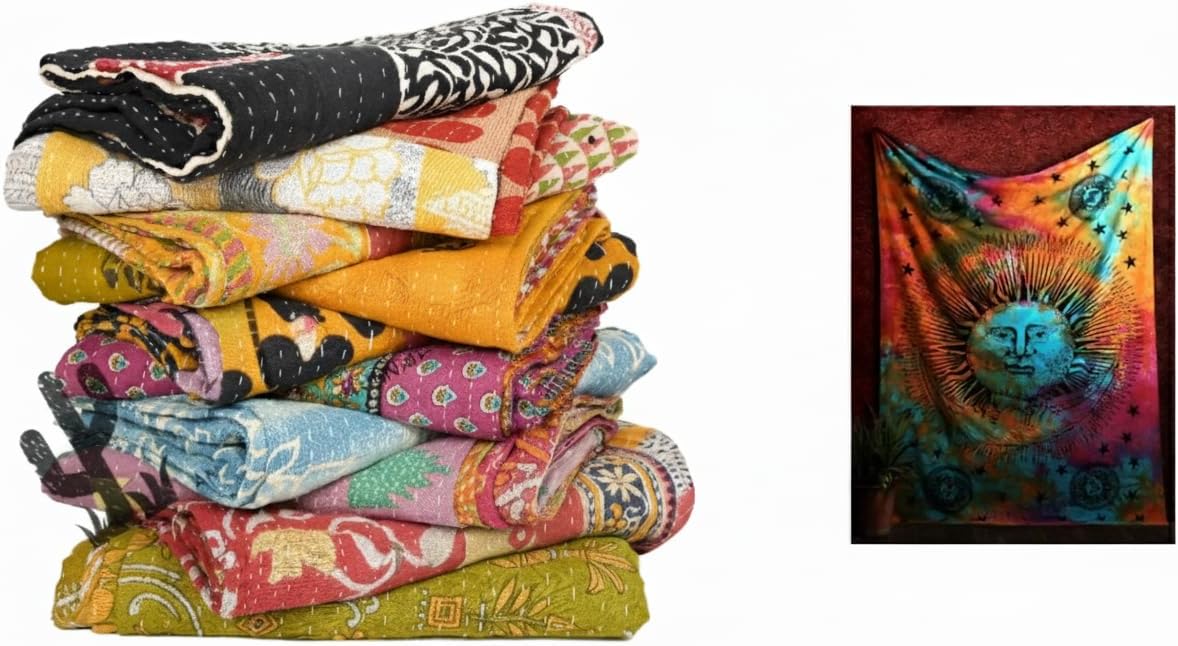 Marubhumi 5-Piece Indian Handmade Kantha Quilt Set – Traditional Vintage Design, Hand-Stitched Throw Blanket, Bedspread with Love, with Cotton Tapestry