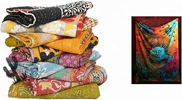 Marubhumi 5-Piece Indian Handmade Kantha Quilt Set Traditional Vintage Design, Hand-Stitched Throw Blanket, Bedspread with Love, with Cotton Tapestry