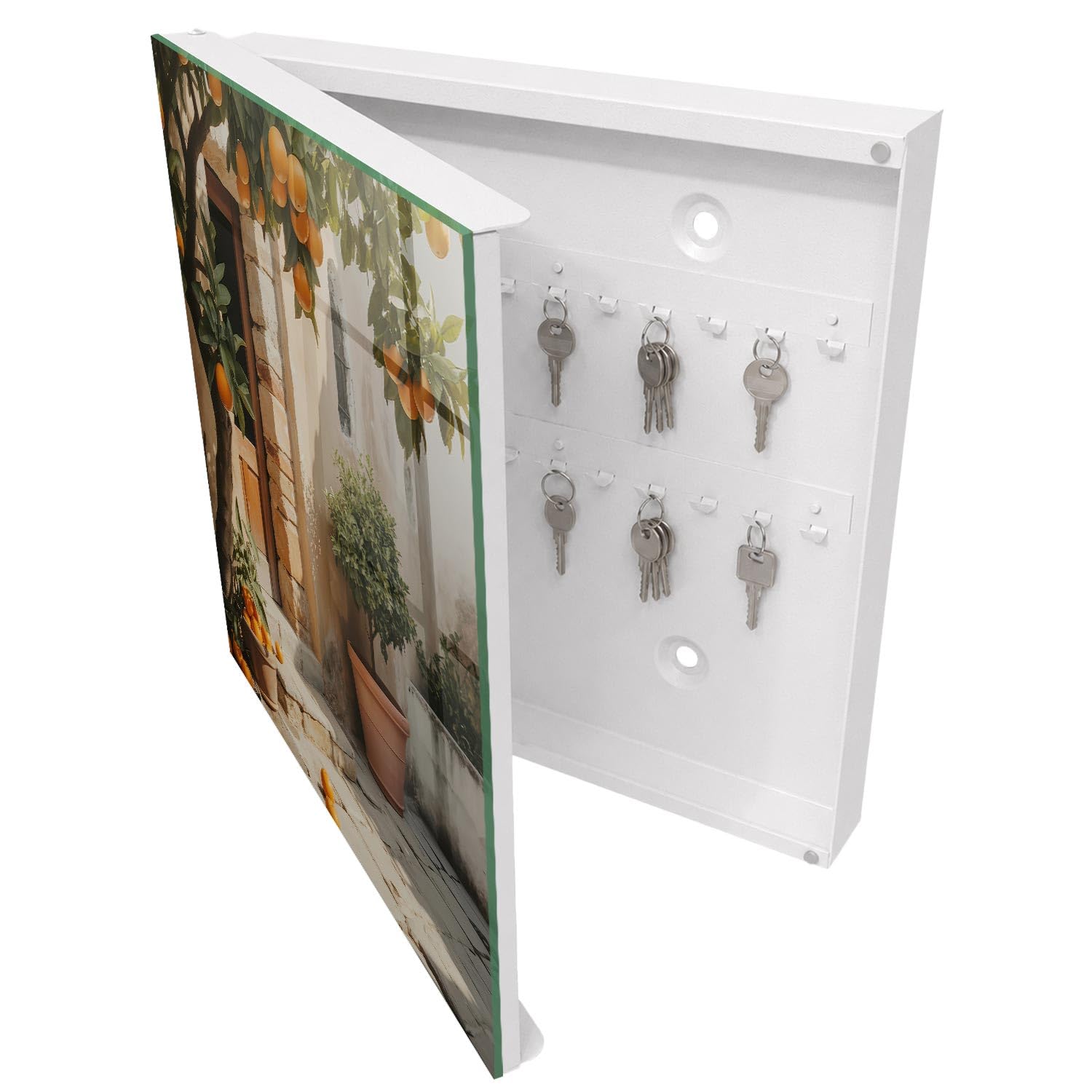 Armadietto Portachiavi 30x30 cm | Bianco | A Sinistra | Montaggio a Parete | Giardino d'arancio | per Uffici | in Metallo | Tasselli e Viti Inclusi | Frontale Decorativo in Vetro Temperato