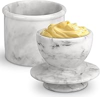 TABHOUKIT Marble Butter Crock with Lid - White Grey French Butter Keeper for Countertop, Soft Spreadable Butter Dish (Large 3oz)