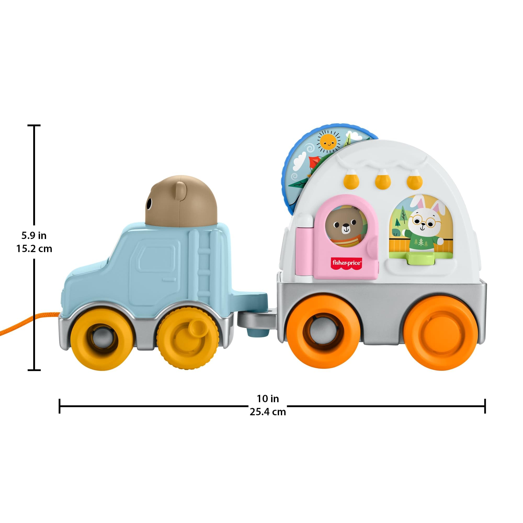Fisher-Price - Camper Foresta degli Amici, Veicolo trainabile a Tema Campeggio con Suoni e Accessori, attività sensoriali per Lo Sviluppo delle capacità motorie, 1+ Anni, JKD52