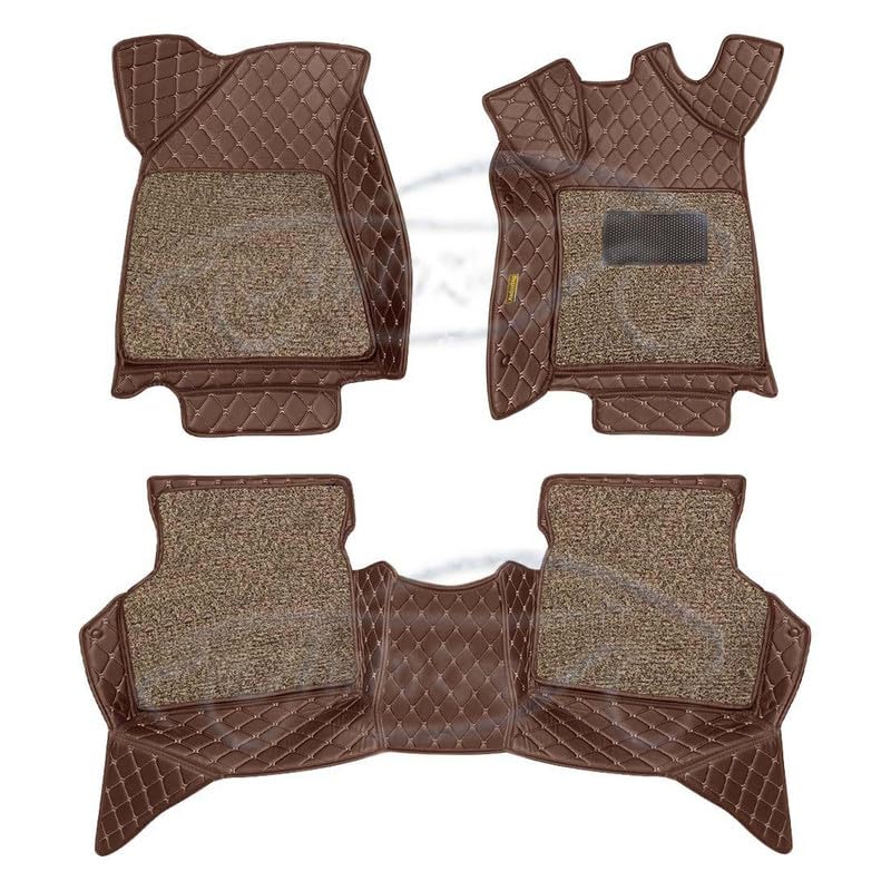 Image of Luxury 7D Car Floor Mat Full Set for Skoda Kushaq (2021) | 7 Layer Protection Mats | Luxury Leather with Noodle /Curly Car Foot Mat with Heal Pad | Anti-Skid & Waterproof (Coffee Beige)