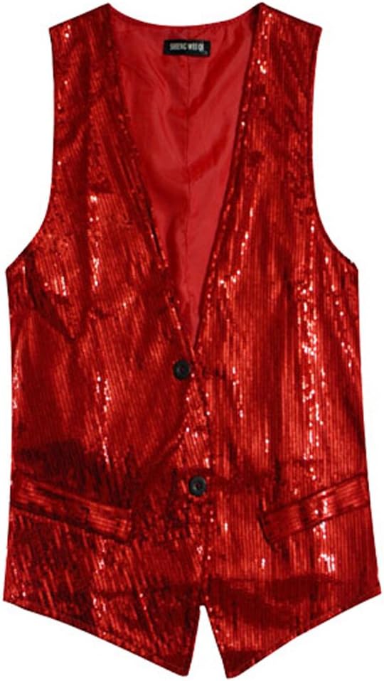 Izacu Mens Stage Cosplay Waiter Show Sequins Dance Vest Waistcoat Gilet (UK L(Asia XXL), red)