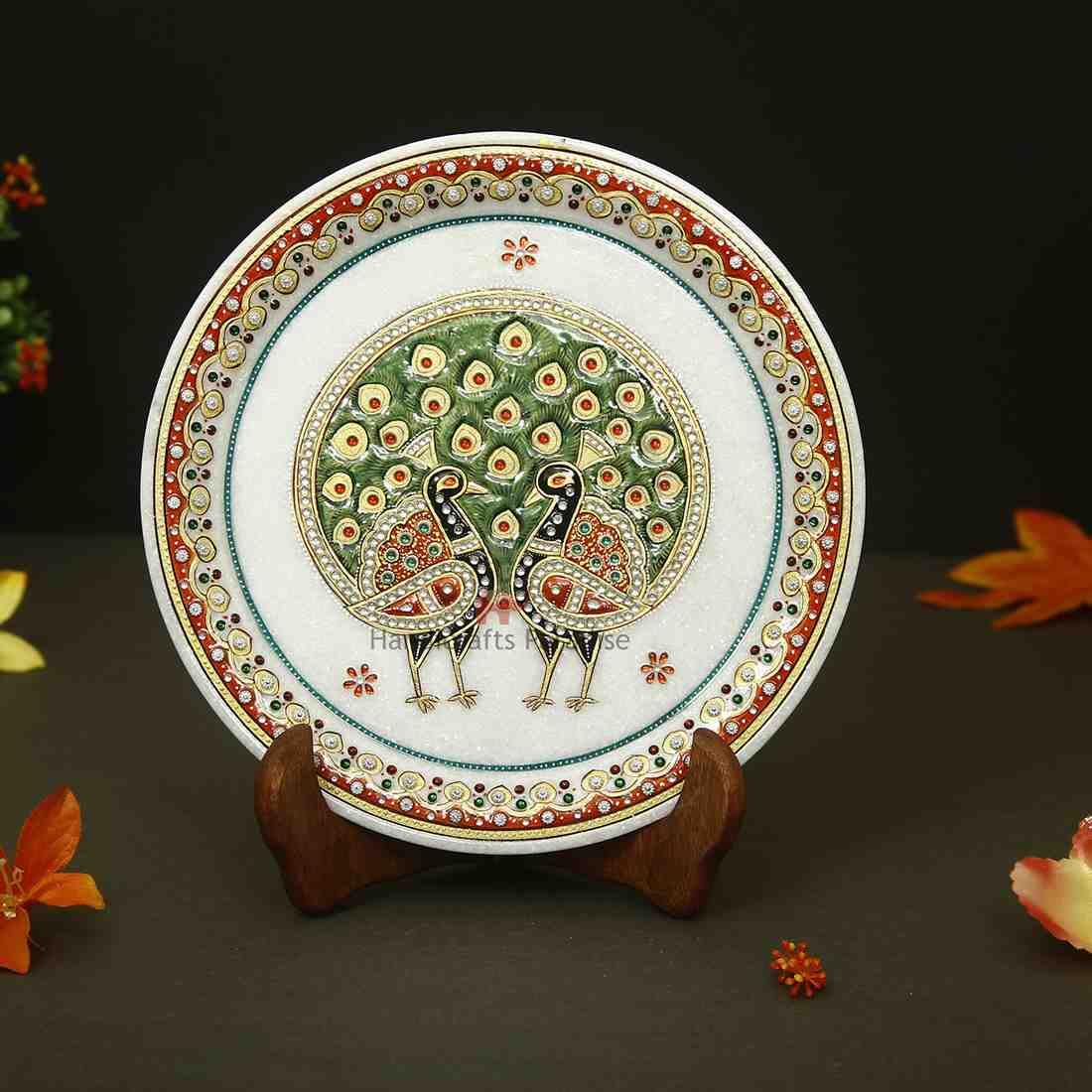 Handicrafts Paradise Double Dancing Peacock Motif On Marble Plate 9 Inch