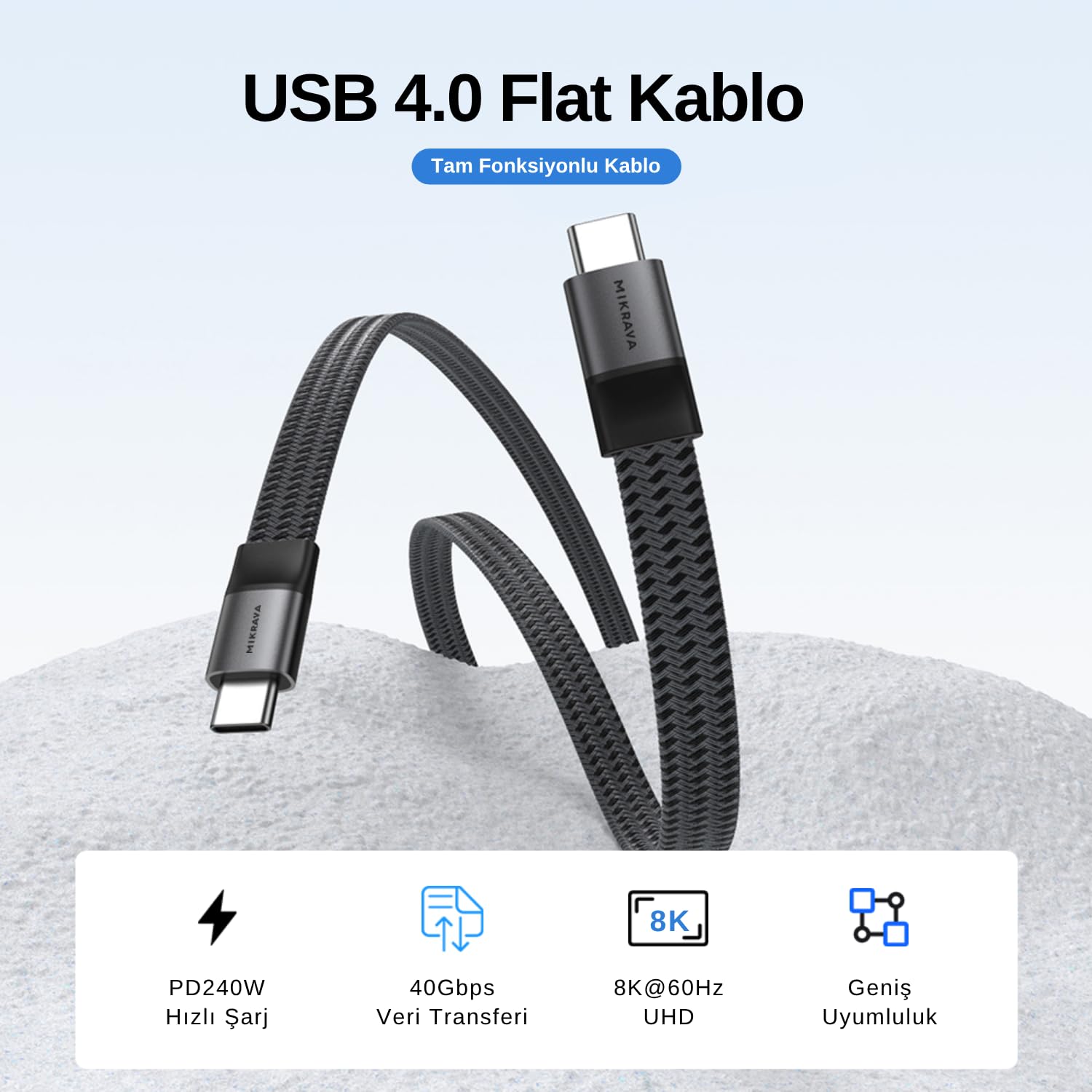 USB 4.0 40GBPS Flat USB C Veri Kablosu, 240W USB C Şarj Kablosu, 8K@60hz 4K@240Hz 2K@360Hz Thunderbolt 4 Görüntü Kablosu, MacBook, Monitör, Docking İstasyonu, iPhone ile Uyumlu - 1.2 Metre