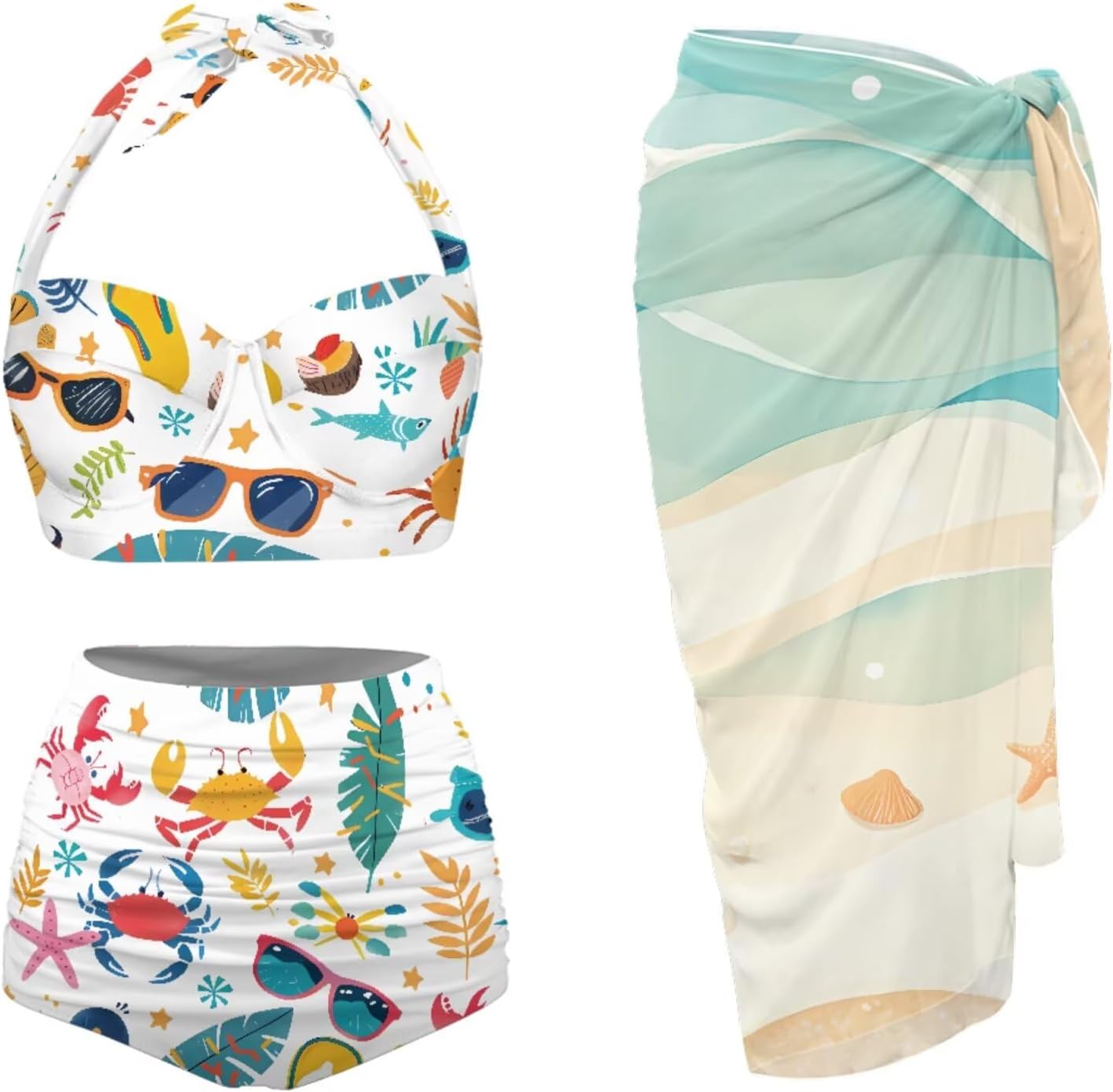 Womens Three Piece Bikini Sets with Matching Wrap Skirt Halter Top and Tommy Control Bottom with Chiffon Cover Ups