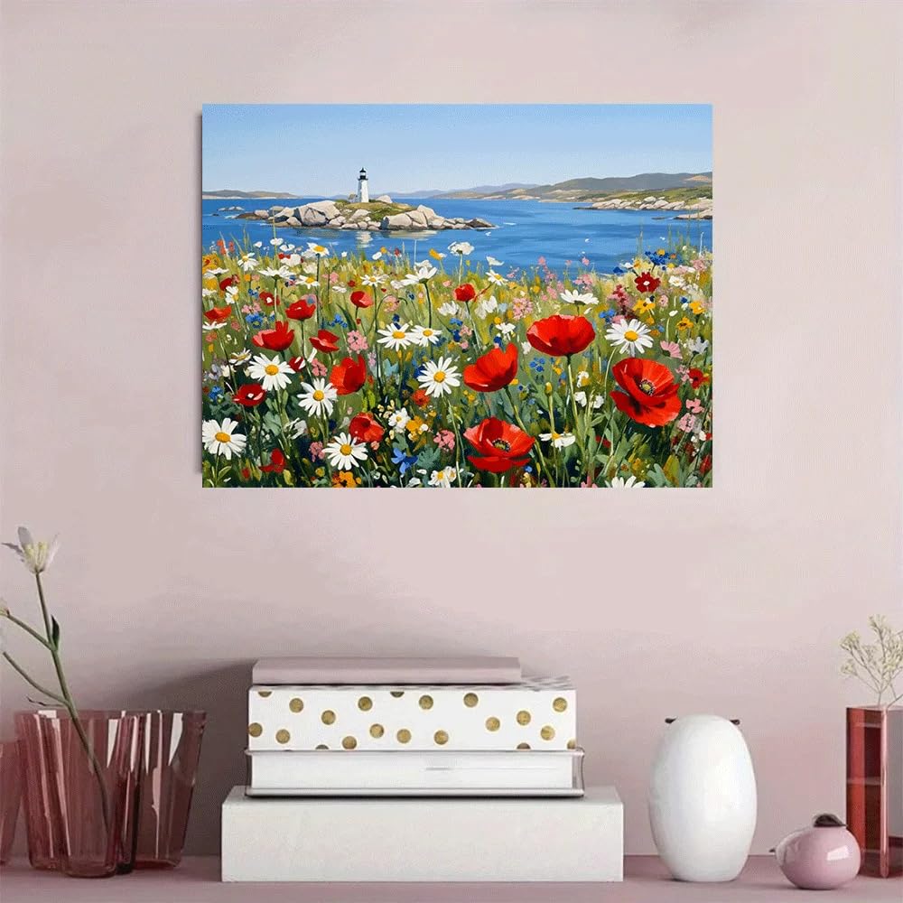GKUVBF Affiche murale décorative représentant un phare côtier estival, des fleurs sauvages et une vue sur l'océan (60 x 80 cm avec cadre intérieur).