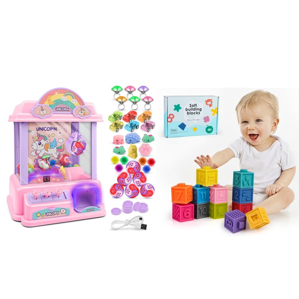 Amy&Benton Claw Machine for Kids Grabber Arcade Crane Venting Toy with Prizes for Girls + Soft Baby Rubber Stacking Block 1 Year Old Toddler Silicone Building Blocks for 6 12 18 Months Infant