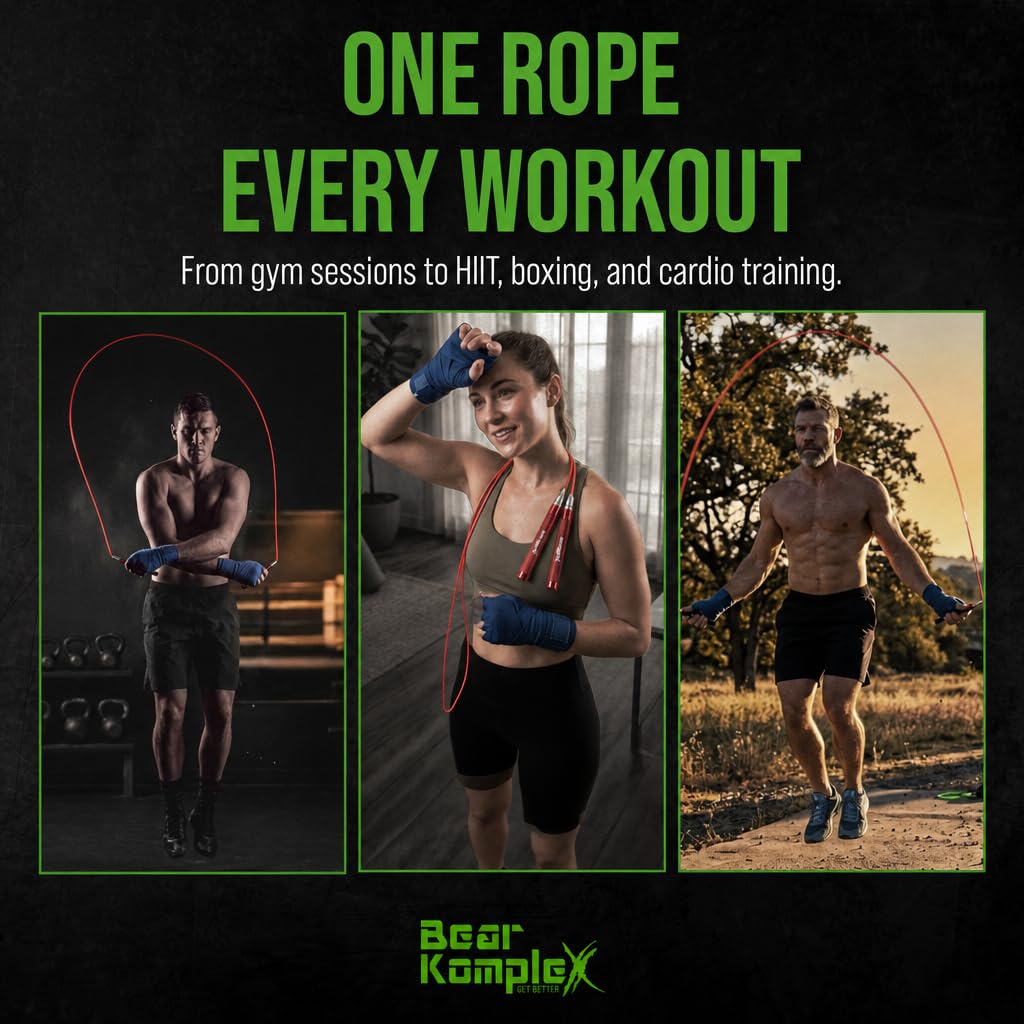 Bear KompleX Das Springseil von Hummer ist ideal für Crossfit, Double Unders, Boxen, Fitness und Kondition. Leichtes Kabel und leicht verstellbarer Aluminiumgriff ermöglichen es Ihnen, Ihre WODs zu