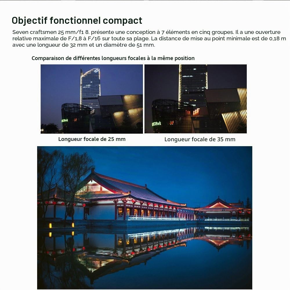 7Artisans 25 mm F1.8 Mise au Point Manuelle Prime Fixe Objectif pour Olympus et Panasonic Micro 4/3 mFT M4/3 Caméras - Noir