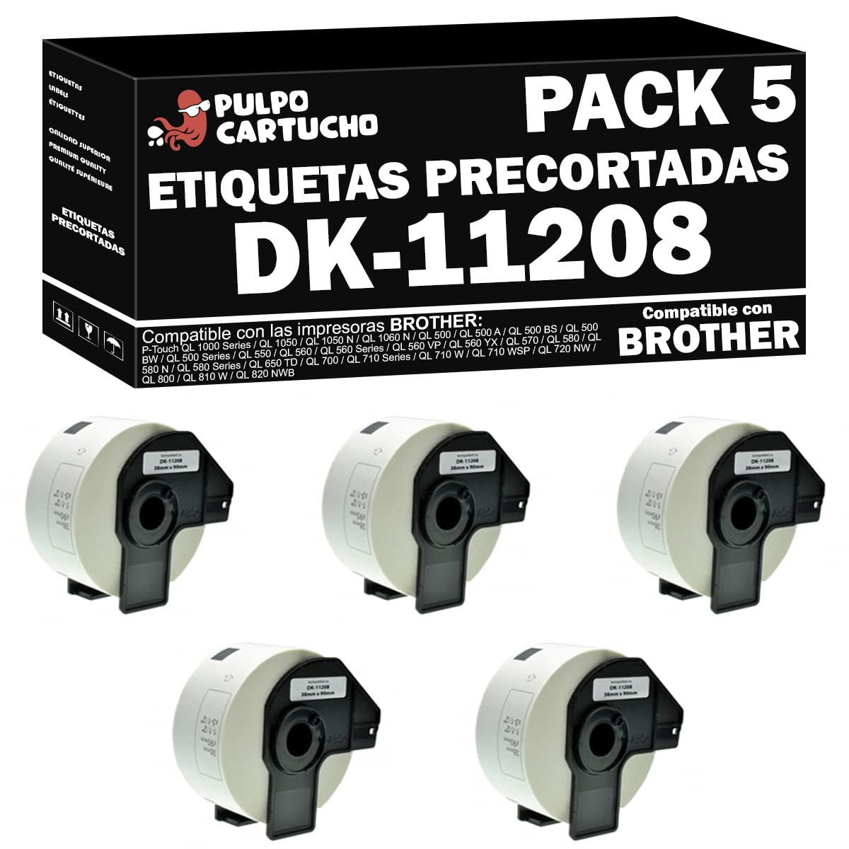 Pack de 5 Compatible Brother DK11208 - Etiquetas Genéricas Precortadas de Dirección Grandes - 38x90 mm - 400 Unidades - Texto negro sobre fondo blanco. Etiquetas DK-11208 de papel térmico blanco.