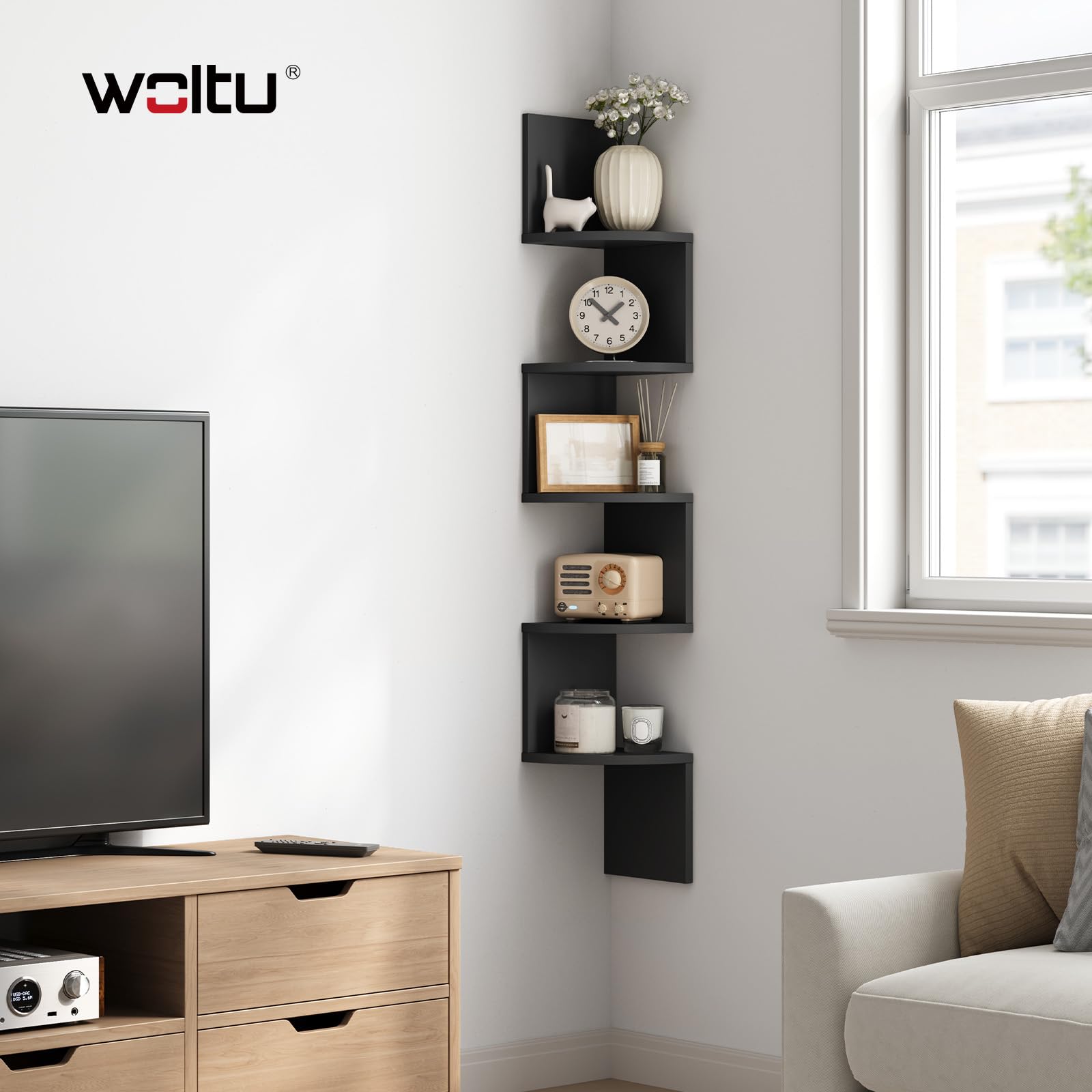 WOLTU Mensola Angolare da Muro Zigzag, Libreria da Parete con 5 Ripiani, Scaffale a Muro per Camera da Letto, Soggiorno, Cucina, Studio, Mensola Nera in Legno, RG9313sz2