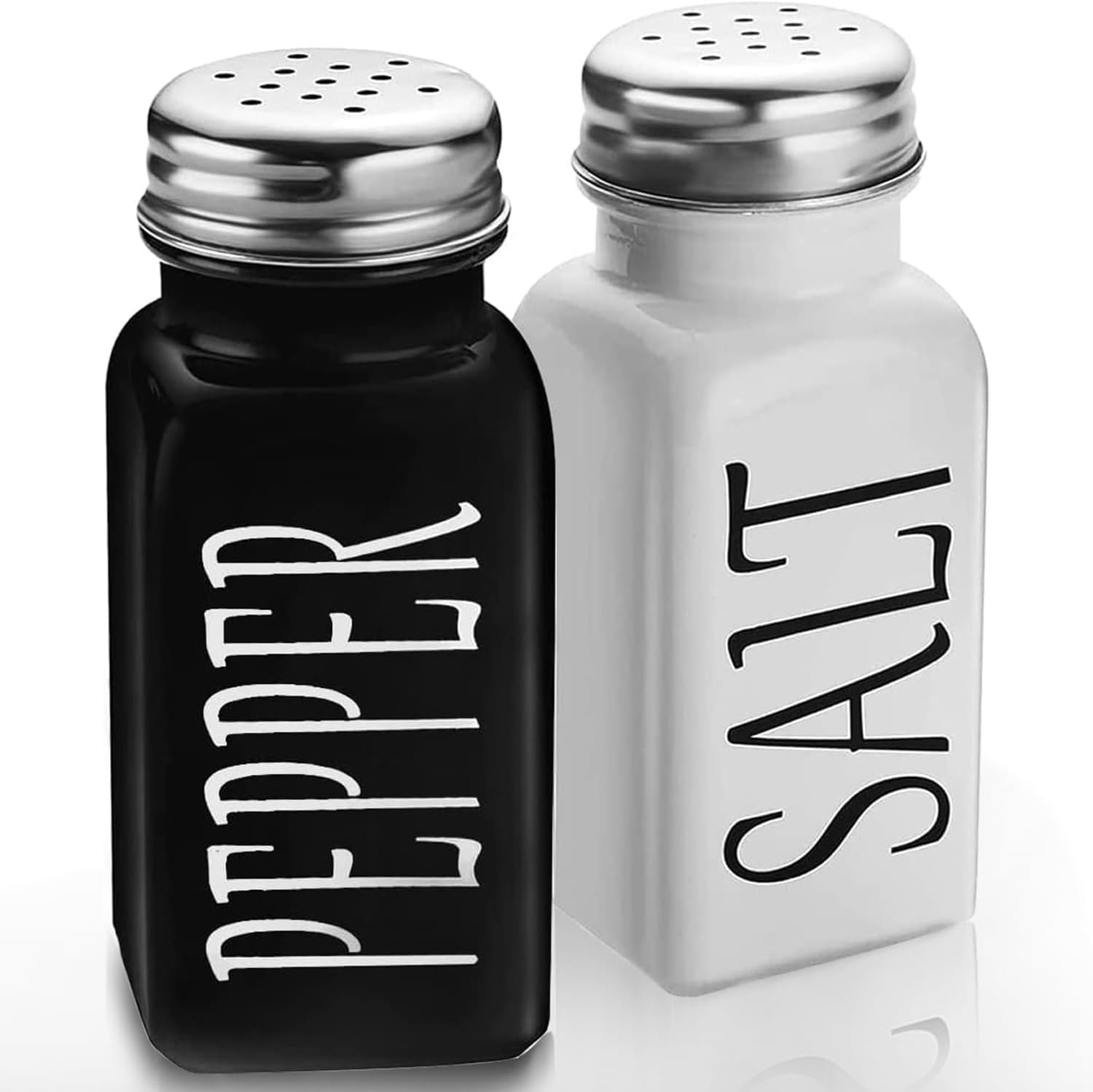 DWTS Farmhouse Salt and Pepper Shaker Set - Salt and Pepper Shakers Cute - Vintage Glass Black and White Shaker Set with Stainless Steel Lid - For Black and White Kitchen, Rae dunn Kitchen Decor