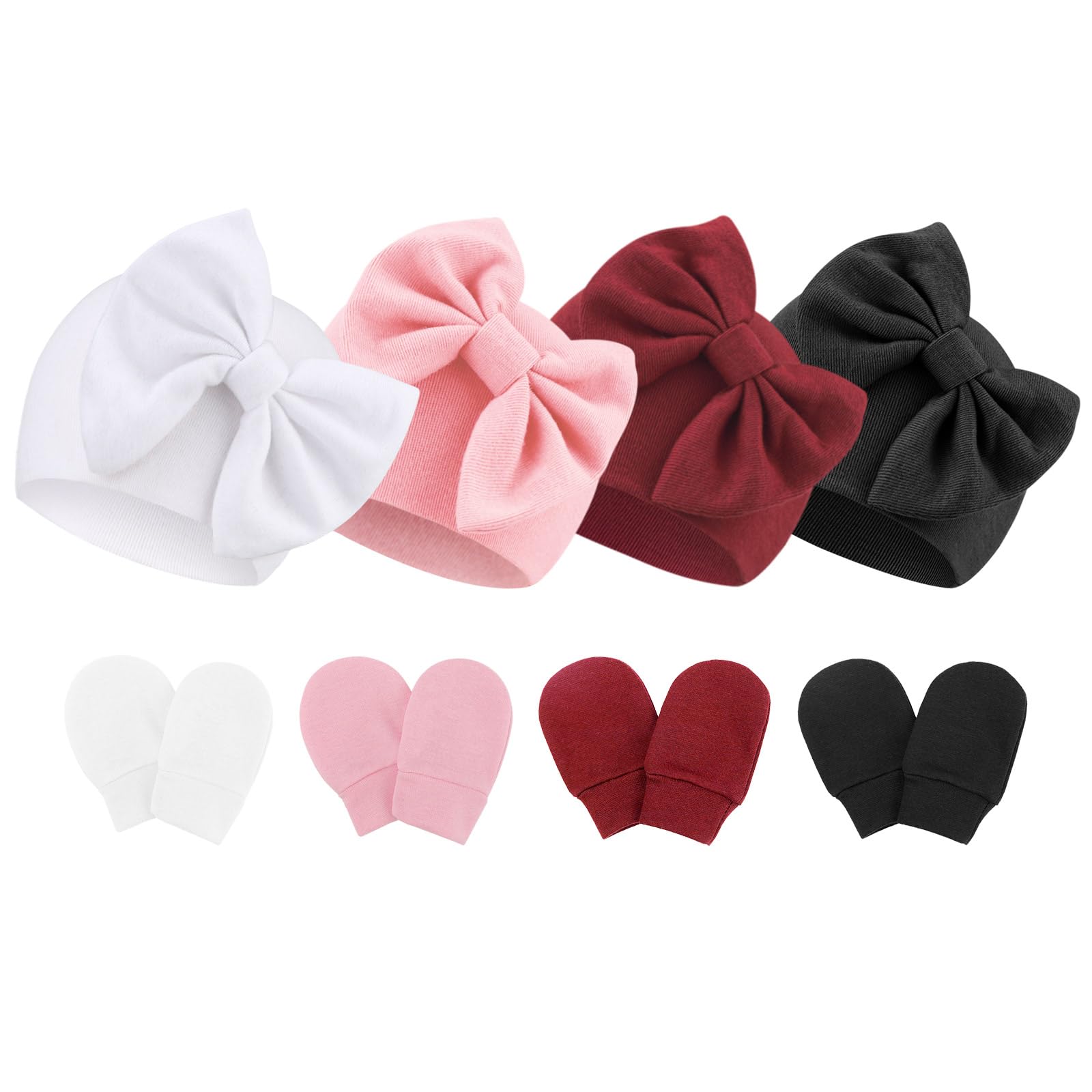 DRESHOW Newborn Baby Hats Mittens Set Hospital Hat Beanie Infant Bow Hats Baby Cotton Gloves No Scratch Mittens for 0-6 Months