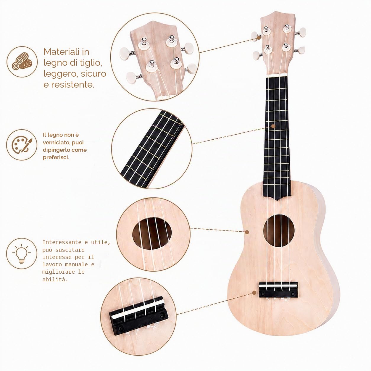 Ukulele Kit Fai-da-Te, Crea Il Tuo Ukulele Hawaii Dipinto da 21 Pollici 4 CordeUkulele