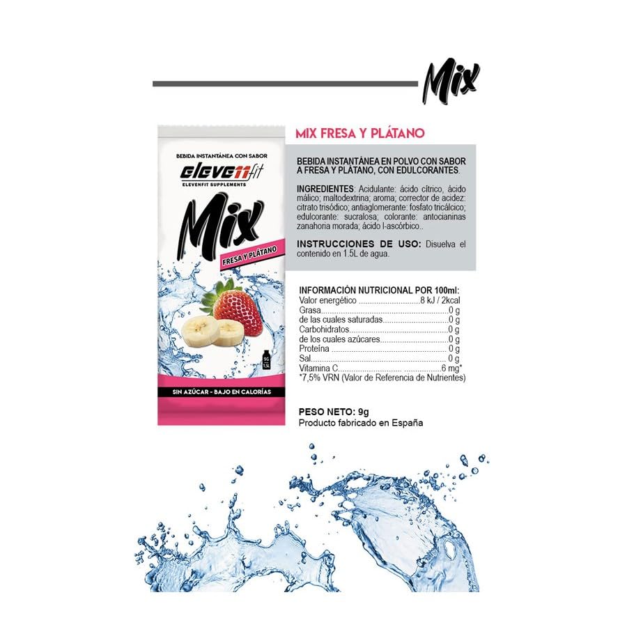 Bebida Mix 12 sobres Sabor Plátano y Fresa – Pack 12 Sobres Saborizante Plátano & Fresa 9 g | Preparado Instantáneo sin Azúcar | Hasta 18 L de Bebida Refrescante | Sabor Frutal
