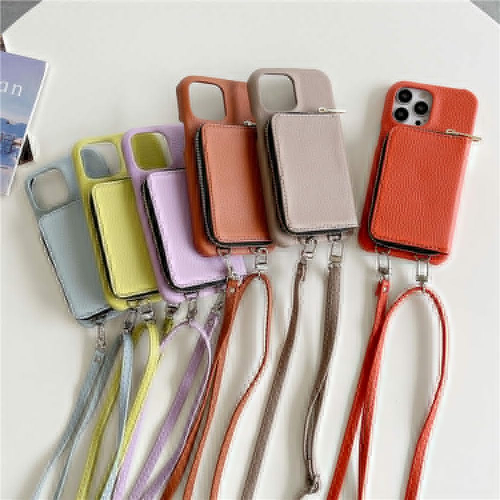 Funda para teléfono con correa para el hombro y billetera con cremallera para iPhone 15 15Pro Max 14 Plus 13 Pro 12 11 Funda trasera con bolsillo para tarjeta con cordón de cuero PU, C, para iPhone 1