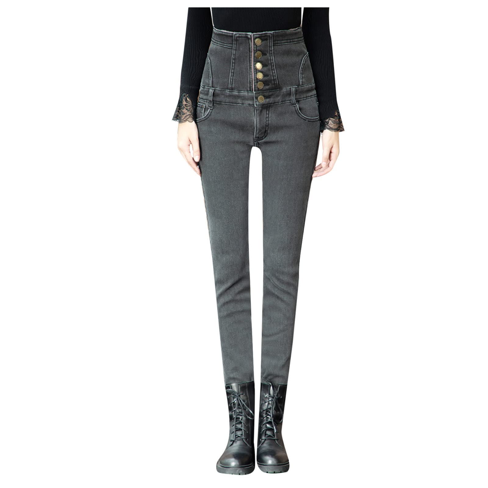 UOGE Warm Button Pocket Jeans High Thickened Slim Straight Plush Women Pants Waist Elastic Women's Jeans