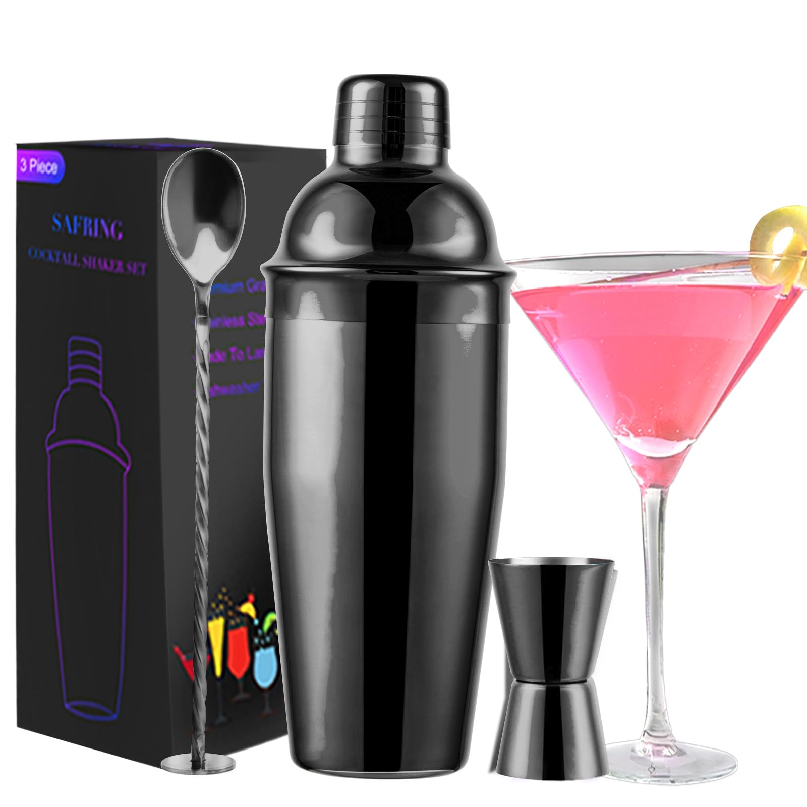 24oz Cocktail Shaker Bar Set, Martini Shaker with Built-in Strainer, Measuring Jigger, Mixing Spoon, Professional Stainless Steel Large Bartender Drink Shaker Margarita Alcohol Mixer-Black