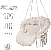 Bathonly Handmade Macrame Hammock Chair with Thick Cushion & Hardware Kit - Bohemian Swing for Indoor Outdoor Relaxing, 330LB Capacity Beige