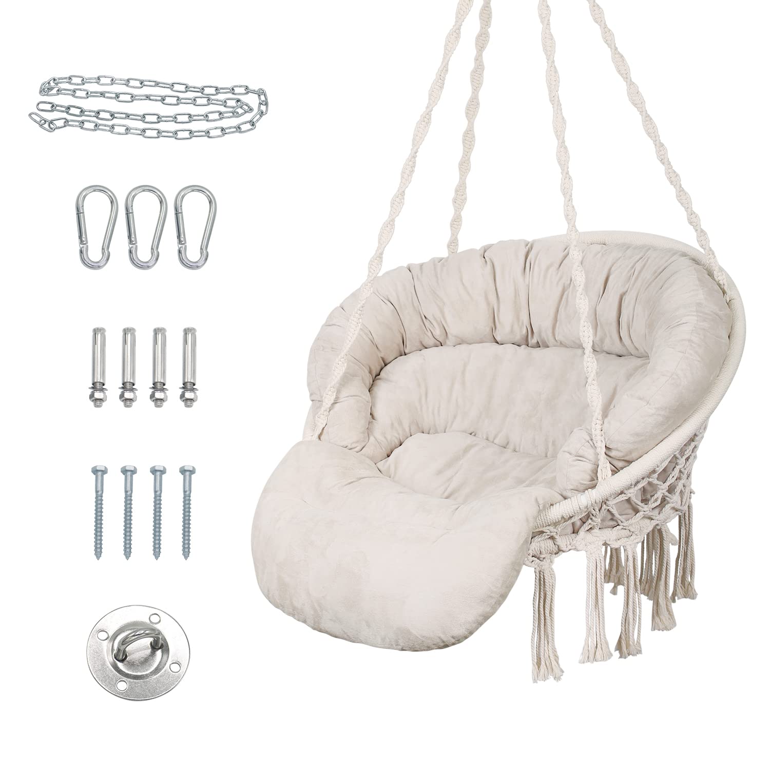 Hammock Chair with Cushion, Handmade Macrame Swing Chair with Hanging Hardware Kits, Bohemian Style Cotton Rope, Hanging Chair for Indoor Outdoor, Bedroom, Living Room, Patio -330lbs Capacity