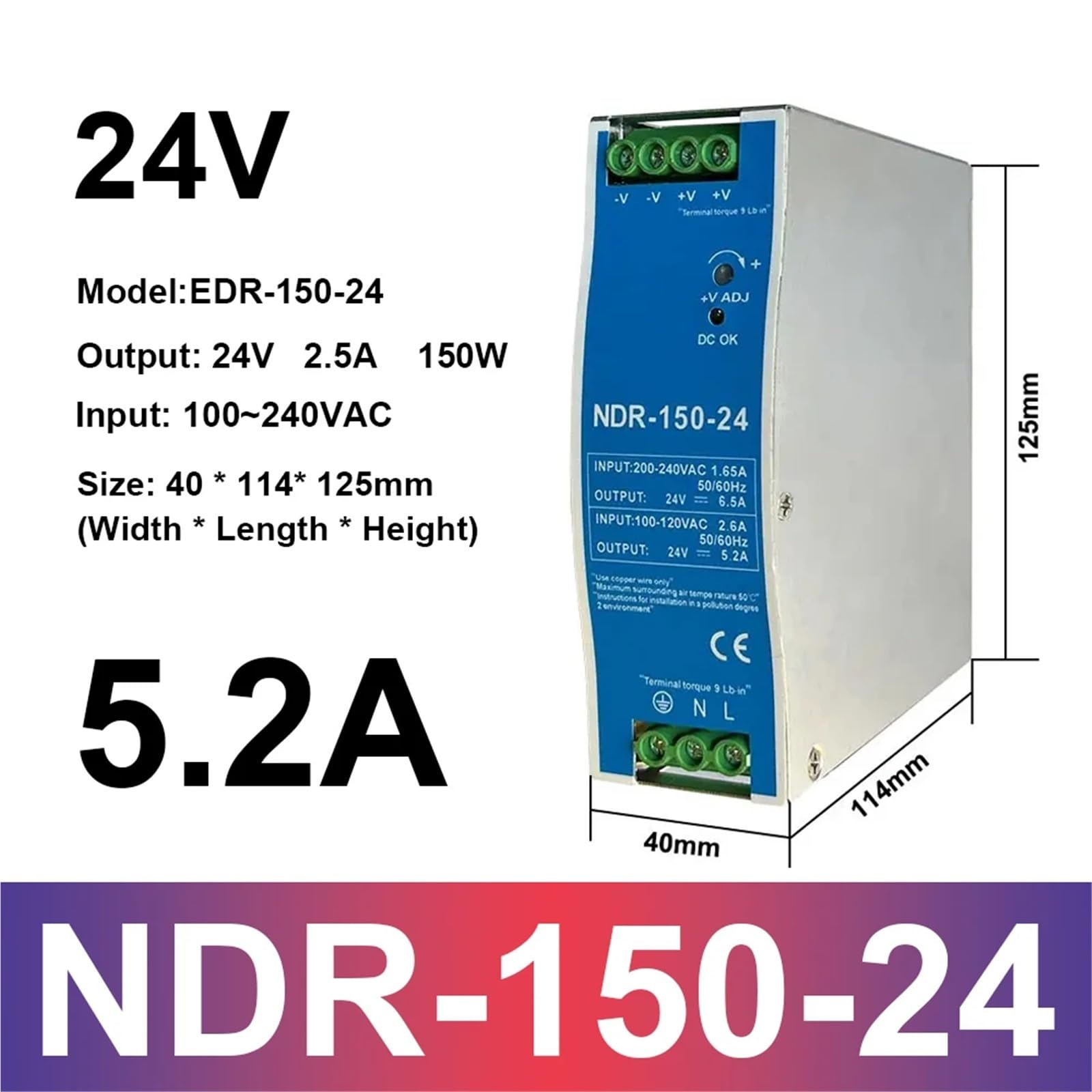 1 unidad de fuente de alimentación industrial mini AC/DC de 5 V, 12 V, 24 V, 48 V, MDR-20 W, 60 W, 100 W, con interruptor de salida única.(NDR-150W-24V 5.2A)