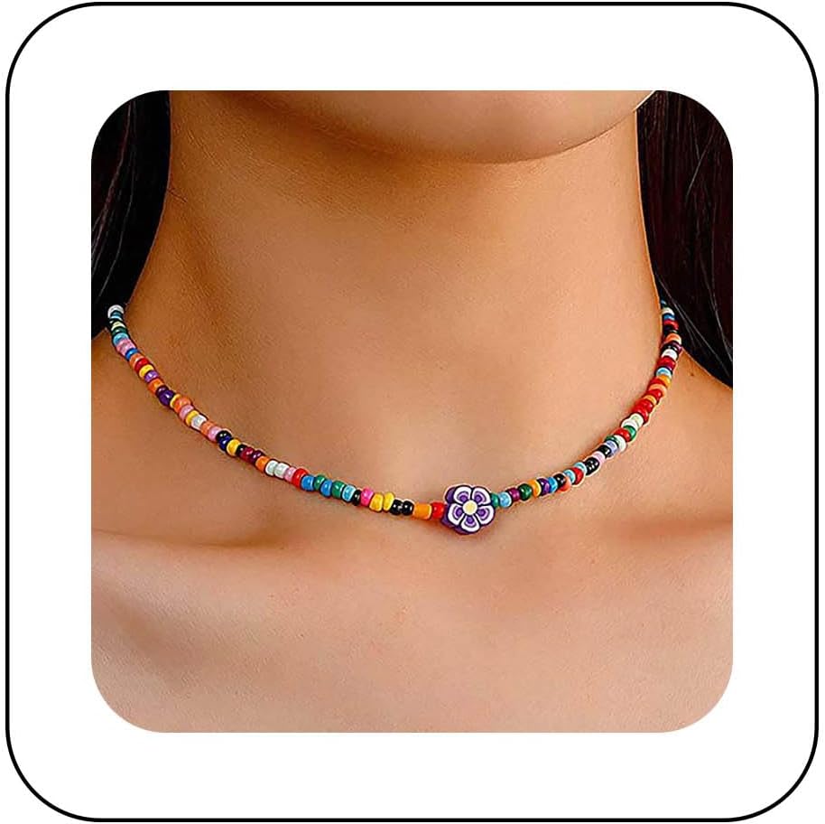 Boho Rainbow Bead Choker Necklace Colorful Rice Bead Necklace Vintage Seed Beads Flower Necklace Summer Beach Beaded Chain Necklace Jewelry for Women