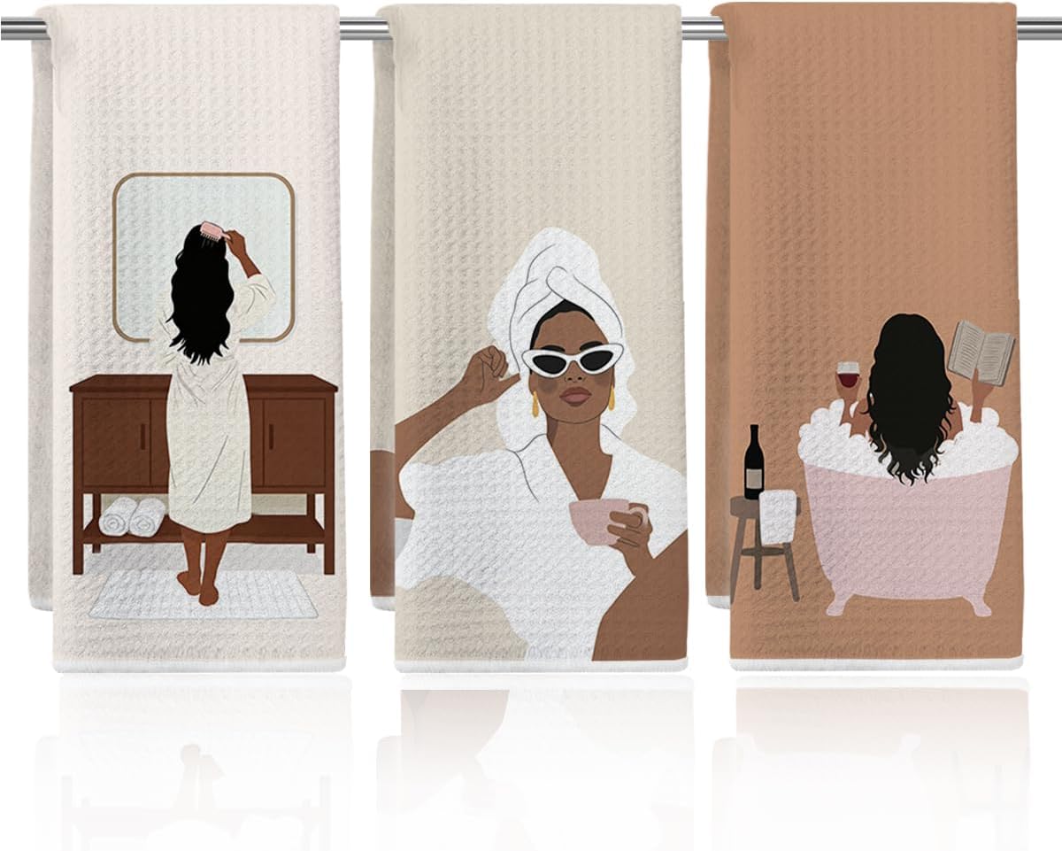 3 Psc African American Woman Bathroom Hand Towels Kitchen Towels 14x24 Inch