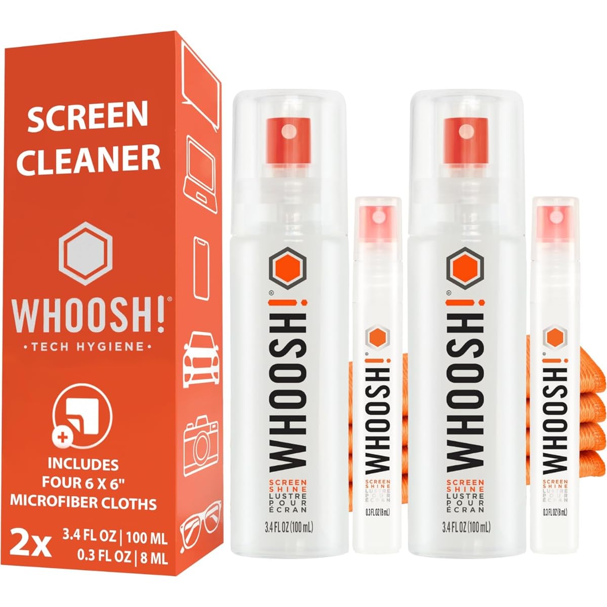 WHOOSH! Pulisci Schermo Spray + Salviette Set di 2 – 100 ml e 8 ml + 2 Panni in Microfibra, Kit Casa e Viaggio per MacBook, iPad, Smartphone, Laptop, Occhiali