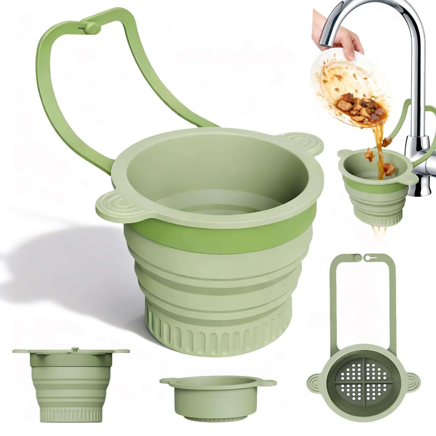 Pieghevole Cestello di Scarico per Lavello da Cucina, Cestello Filtro per Lavandino in Silicone, Rimovibile da Appendere, per Filtrare i Residui di Cibo e Prevenire L'Intasamento del Lavello (Verde)