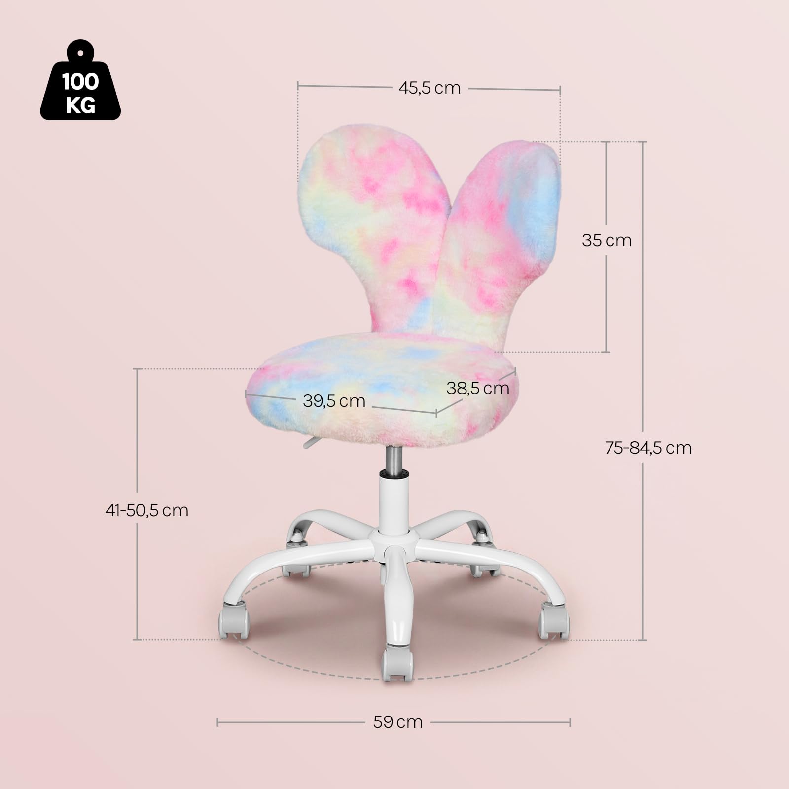 WOLTU Sedia per Bambini a Forma di Coniglio, Sedia da Scrivania con Ruote, Girevole a 360°, Altezza Regolabile, Schienale Avvolgente, per Cameretta, Rosa Multicolore