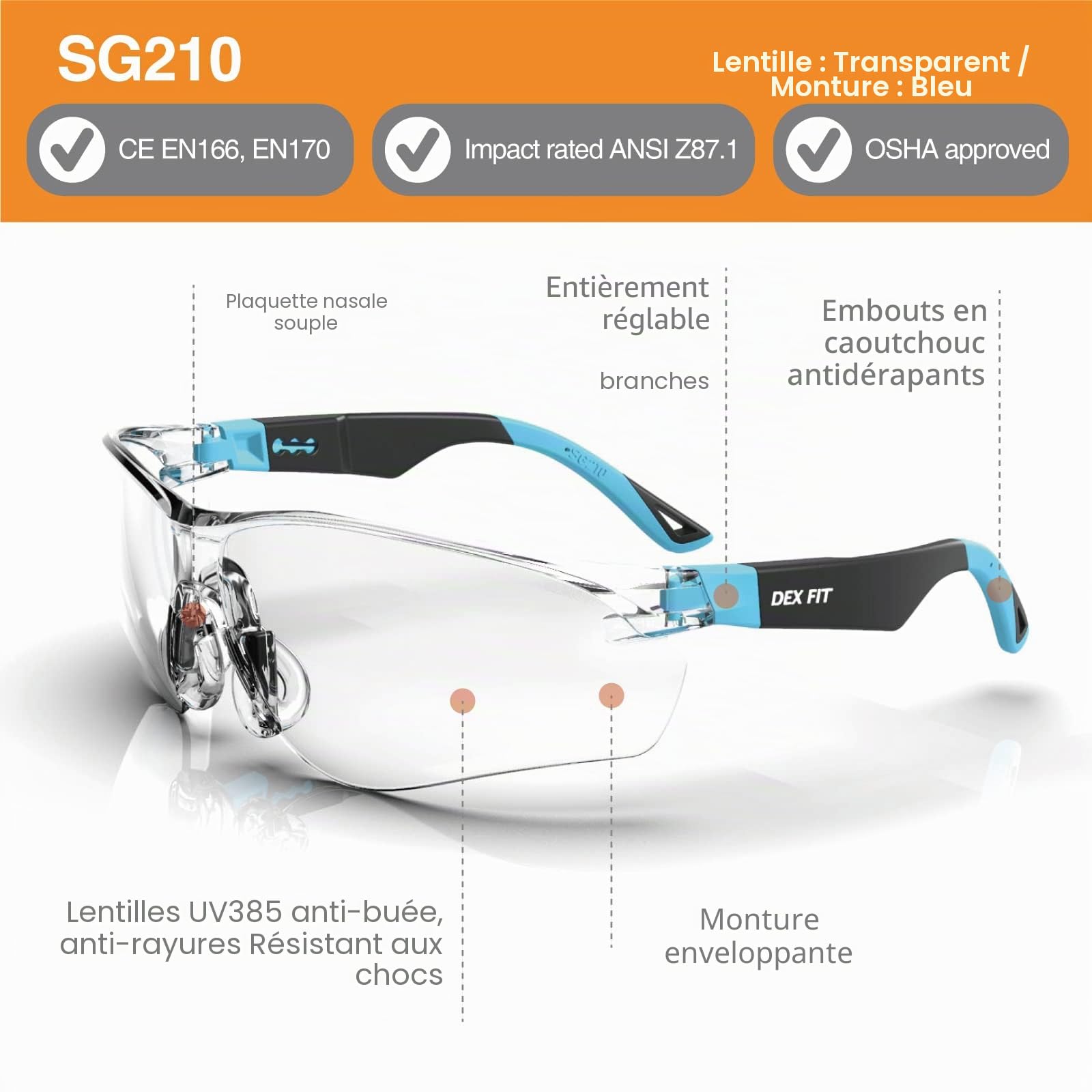 DEX FIT Lunettes de sécurité SG210 - Anti-buée & Anti-rayures, Protection Z87.1, Branches réglables, Grip antidérapant, Verres anti-UV385 pour Construction, Labo & Médical; Noir & Bleu, Lot de 6