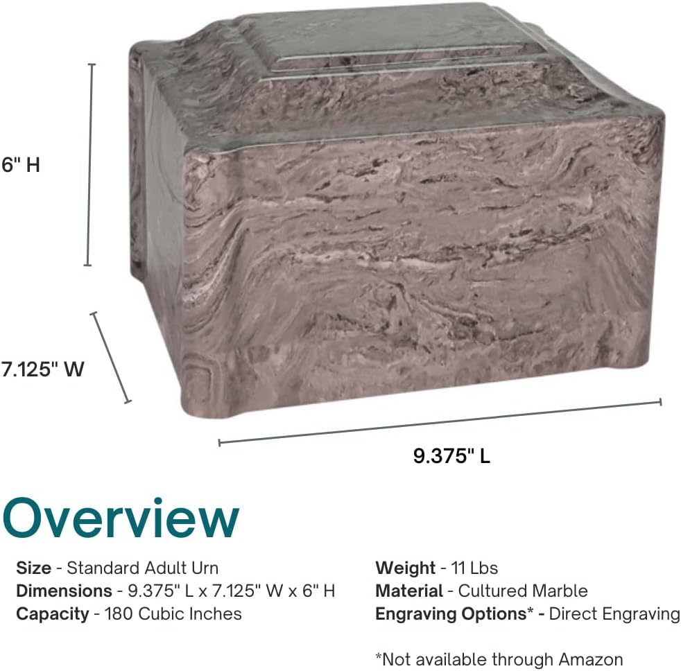 Claremont Stone Gray Cultured Marble Cremation Urn - Adult Size - Human Ashes Urn for Ground Burial, Home Memorial and Funeral
