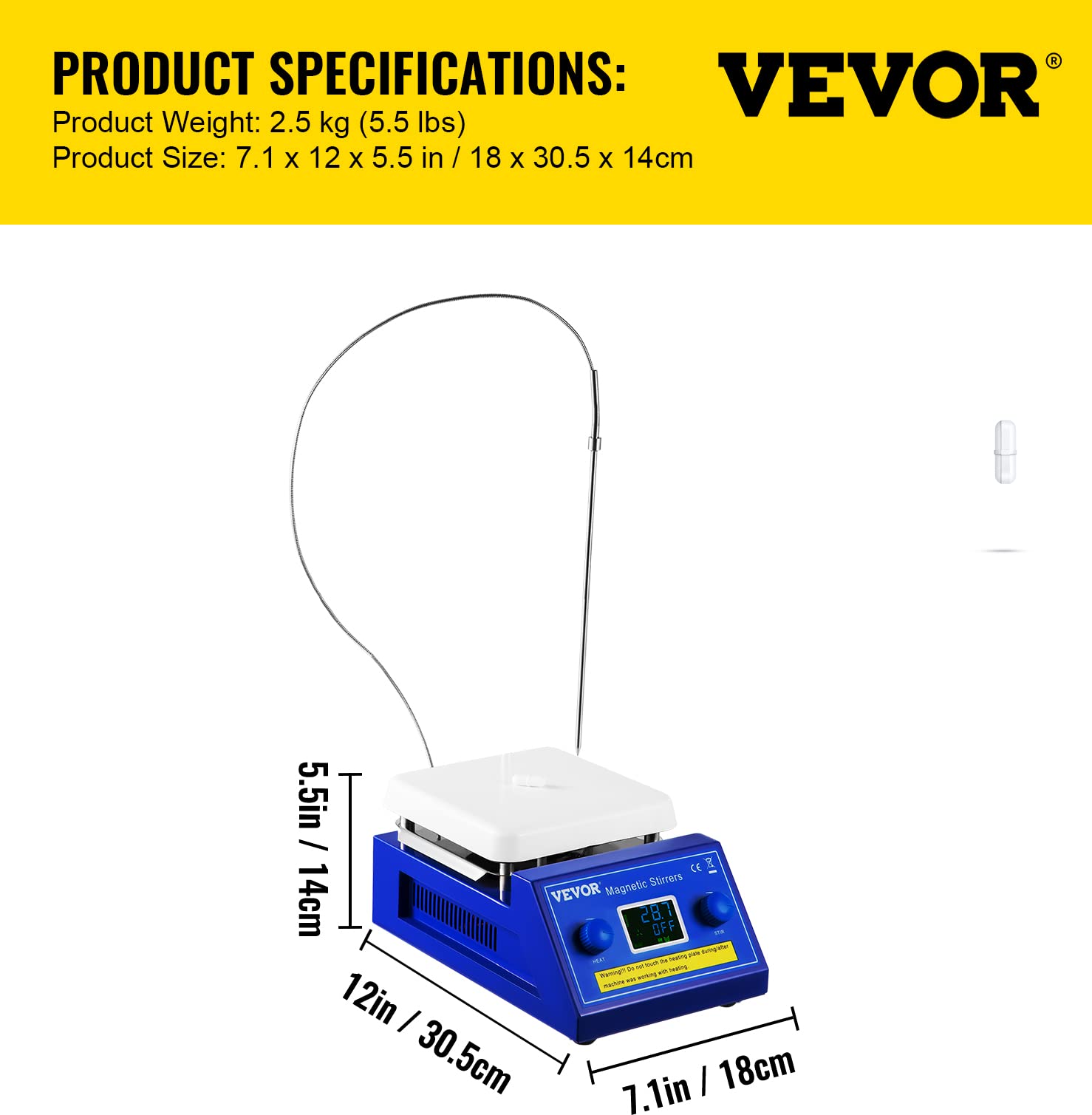 VEVOR Heizplatte Magnetrührer 500W Laborrührer 5L Magnetische Heizplatte 200-2000U/min einstellbar Heizrürer max bis 280°C(±0,1°C) Magnetrührer Thermostat LED Ideal für Forschung Laborstudien Single