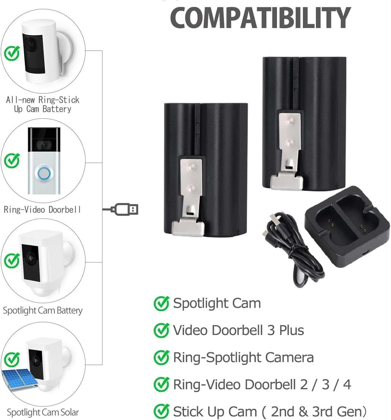 6040mAh Batterie de Remplacement Avec Station de Charge pour Ring Doorbell Caméra 2/3/4, Caméra Spotlight et Caméra Stick Up, Batterie Lithium-ion Rechargeable Caméra (2 batteries + station de charge)