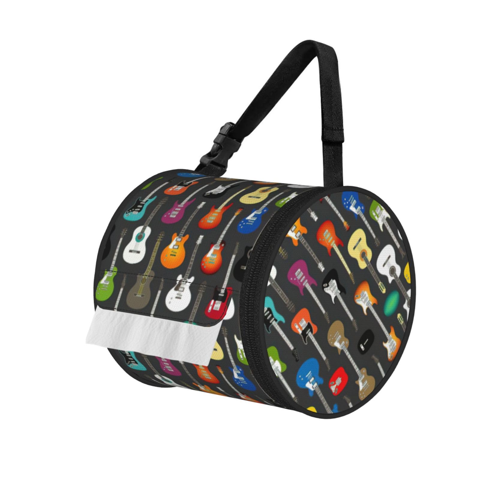 Color Acoustic And Guitars Print Round Tissue Dispenser Bag With Carry Strap, Portable Roll Holder For Car Travel Home